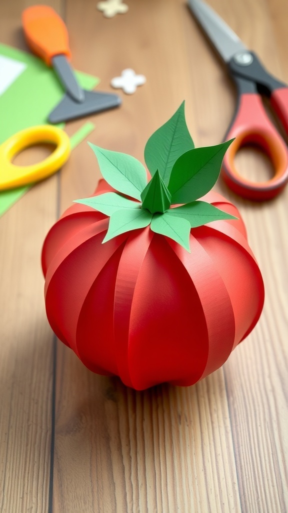 A 3D paper tomato craft made from red and green paper on a crafting table.